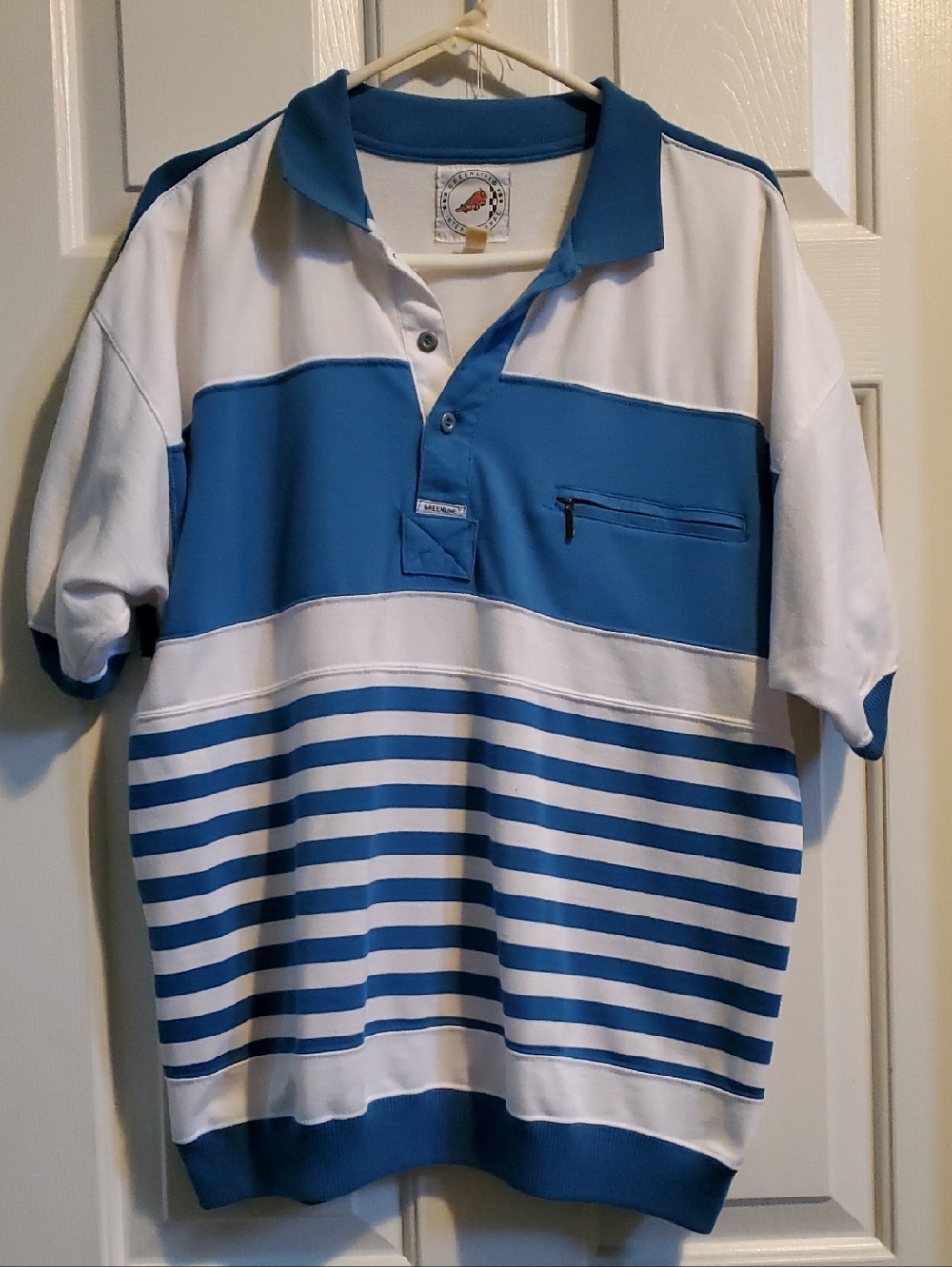 Men's Large Vintage Blue and White Stripe Golf Polo Shirt